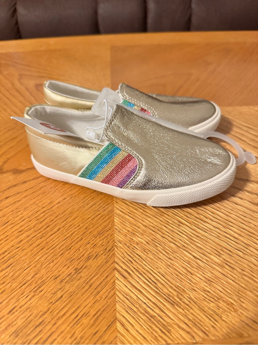 Cat & Jack Girls Metallic Gold Slip-On Sneakers with Rainbow Detail